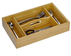 Besteckkasten Holz Natur m. 4 Fächer, robuster Organizer mit Henkel