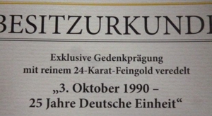 1 DM Münze m 24 Karat Goldauflage / Gedenkprägung 3. Okt. 1990 vergoldet / 1 DM (G) Bild 8