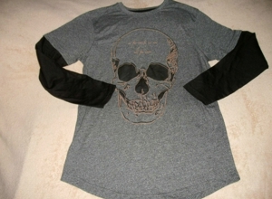 T-Shirt Gr.158(12/13 Jahre)Totenkopf Skull Langarm Tshirt grau/schwarz,