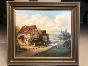 Gemälde Pferdefuhrwerk in bäuerlicher Landschaft mit Holzrahmen von O. Wagner Bild 1