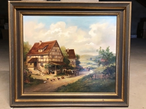 Gemälde Pferdefuhrwerk in bäuerlicher Landschaft mit Holzrahmen von O. Wagner Bild 2