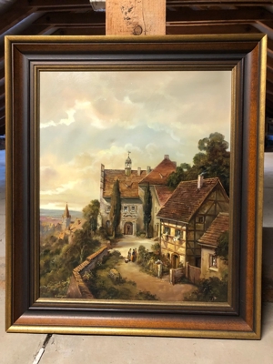 Gemälde Häuserlandschaft mit Holzrahmen von O. Wagner Bild 1
