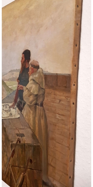Meyer Claus Ölgemälde Festung Mittelalter Freimaurer Mönch Pferde Burg Kloster Bau signiert antik Bild 8