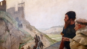 Meyer Claus Ölgemälde Festung Mittelalter Freimaurer Mönch Pferde Burg Kloster Bau signiert antik Bild 13