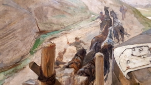 Meyer Claus Ölgemälde Festung Mittelalter Freimaurer Mönch Pferde Burg Kloster Bau signiert antik Bild 11