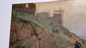 Meyer Claus Ölgemälde Festung Mittelalter Freimaurer Mönch Pferde Burg Kloster Bau signiert antik Bild 7