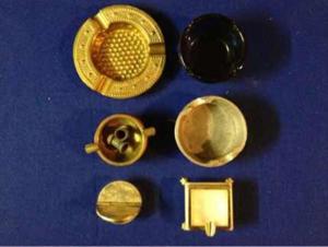 Aschenbecher, 6 Stück, Onyx, Alu aus Flugmotorkolben, Messing