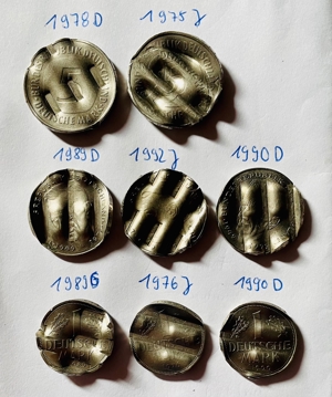 amtlich entwertete Münzen   Schreddergeld: 2 x 5,- DM 3 x 2,- DM 3 x 1,- DM Bild 2