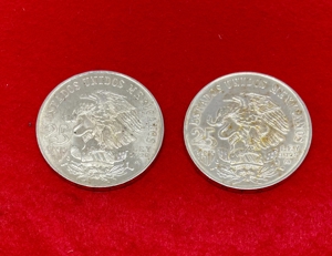 2 Silbermünzen Mexico 25 Pesos 1968 Olympia Handballspieler der Maya Bild 1