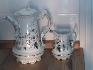 Antik C.T. Porzellan Kaffeekanne+Milchkännchen Zur Silberhochzeit Bild 2