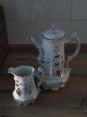 Antik C.T. Porzellan Kaffeekanne+Milchkännchen Zur Silberhochzeit Bild 3