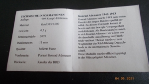 Kanzler der BRD in Gold (585/1.000) Konrad Adenauer 2009 0,5 Gramm Bild 2