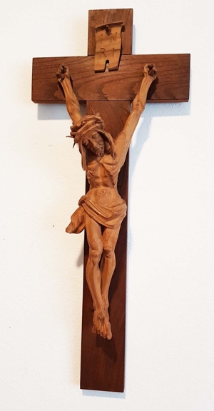 Antik schmales Kruzifix Kreuz Jesus Christus Holz Kapelle Altar Kunst Bild 1