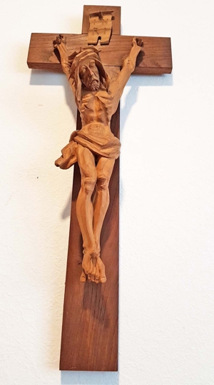 Antik schmales Kruzifix Kreuz Jesus Christus Holz Kapelle Altar Kunst Bild 2