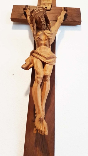 Antik schmales Kruzifix Kreuz Jesus Christus Holz Kapelle Altar Kunst Bild 3