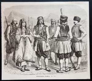 Montenegriner Trachten Holzstich um 1860 antik Montenegriner Trachten Männer und Frau