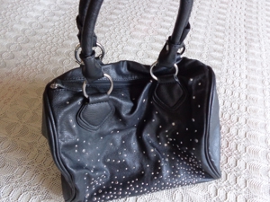 Tasche, Handtasche, Bowling-Bag, Kunstleder, schwarz, Steinchen Bild 1