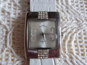 Uhr, Armbanduhr, silberfarben, Modeschmuck-Uhr, Damen, Leder-Armband weiß Bild 2