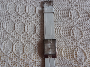 Uhr, Armbanduhr, silberfarben, Modeschmuck-Uhr, Damen, Leder-Armband weiß Bild 3