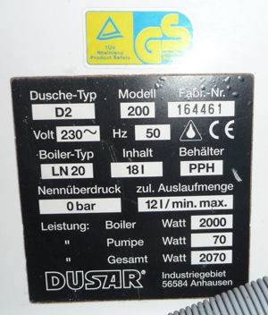 Komplettdusche DUSAR Typ D2 Modell 200, Warmwasserboiler LN20, Fertigdusche, Baustellendusche defekt Bild 8