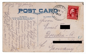 S. S. George Washington, eine wertvolle on Board Postkarte anno 1922 Bild 2