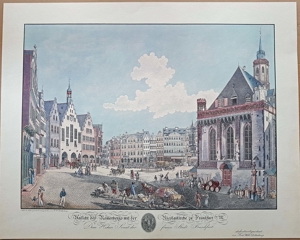 Kupferstich Koloriert Friedrich Wilhelm Delkeskamp Ansicht Römerbergs Nicolaikirche zu Frankfurt Bild 2