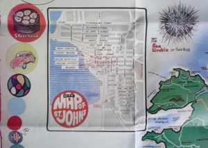 Map of Antigua by National Advertising, 50 Jahre alte Landkarte der Karibik Insel und 12 Briefmarken Bild 3