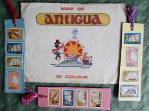Map of Antigua by National Advertising, 50 Jahre alte Landkarte der Karibik Insel und 12 Briefmarken Bild 4