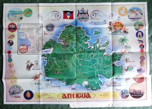 Map of Antigua by National Advertising, 50 Jahre alte Landkarte der Karibik Insel und 12 Briefmarken Bild 2