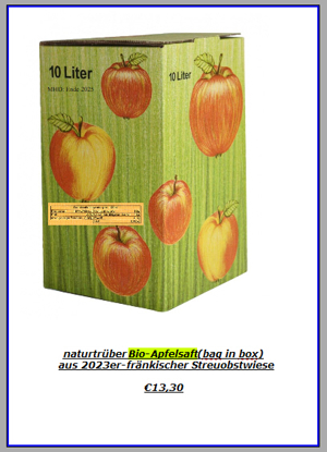 10 LITER - naturtrüber Bio-Apfelsaft(bag in box)