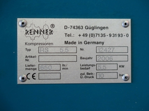 Schraubenkompressor RENNER RS 5,5 kW öleingespritzt, Riementrieb, gebraucht Bild 4