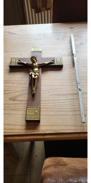50cm altes Kruzifix Metallbeschlag Holz groß Jesu Metall Messing Chrom Bild 1