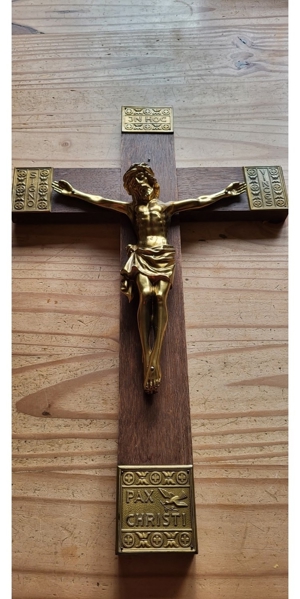 50cm altes Kruzifix Metallbeschlag Holz groß Jesu Metall Messing Chrom Bild 3