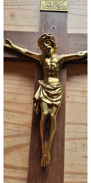 50cm altes Kruzifix Metallbeschlag Holz groß Jesu Metall Messing Chrom Bild 2