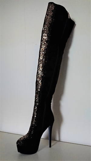 Gr. 37 - 40, sexy Plateau High Heels Overknee s, GLITZER in schwarz-gold + rot-gold Bild 4