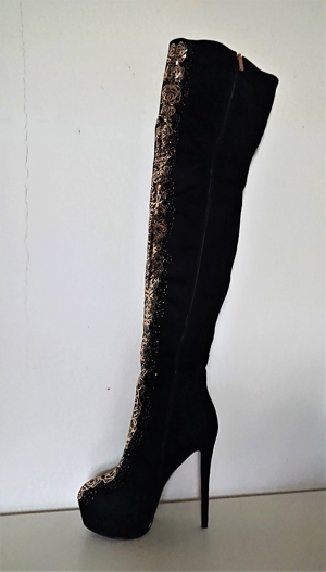 Gr. 37 - 40, sexy Plateau High Heels Overknee s, GLITZER in schwarz-gold + rot-gold Bild 11