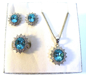 Schmuckset Modeschmuck: Kette + Anhänger + Ring + Ohrringe Strass hellblau weiß - NEU Bild 2