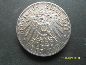 Wilhelm II König von Württemberg 5 Mark Silbermünze, Prägung F - 1913 Bild 2
