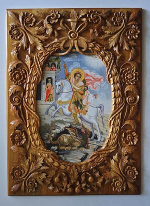 Ikone, Heiliger Georg tötet den Drachen, Holzschnitzerei, Originalgemälde, Wildkirsche, handgefertig