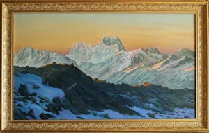 Kaukasus, Ushba-Gipfel - Sonnenaufgang, Panorama, Berglandschaft, Original-Ölgemälde, Leinwand.