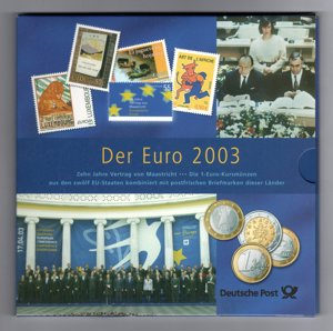 Der Euro 2003 1 Euro Münzen aus zwölf EU-Staaten und Briefmarken