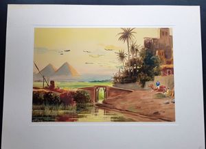 Aquarelle Orient Gemälde Pyramiden Ägypten Kamel Bazar Teppich Nil Wüste