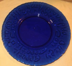 DL Glasteller blau Glasplatte Glasschale groß  36 Guten Appetit versch.Sprache gut erhalten Serviert