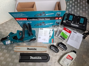 Makita Akku Kettensäge DUC353 + 2 x 1850B + 3 Sägeketten + Haft Öl + DC18RD, neu unbenutzt