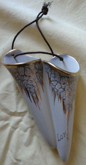 DP Wandvase Doppelvase 50-60er Jahre Keramik hellbeige Goldrand Lorch Rhein 18cm Alt Vase Wandvase 