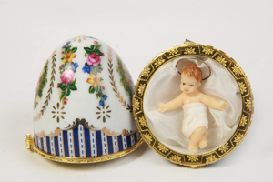 Porzellanei Fabergé-Stil m. Jesuskind Wachs Handarbeit vintage