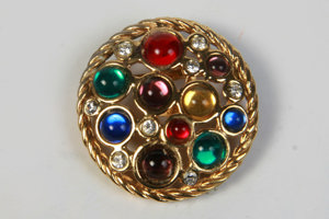 Ansteckbrosche rund  3,5 bunte Glasperlen Metall goldfarben vintage 