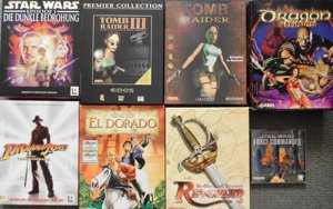 8x PC Spiele Klassiker Star Wars I Tomb Raider I III Indiana Jones Dragon Stories Redguard El Dorado