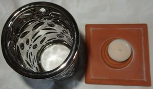 DL Kerzenhalter Teelichthalter Metall auf Tonteller dekorativ 18Hx11x11  7,5 gut erhalten Kerzen Hal Bild 4