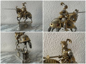 RAR Sterling Silber kämpfender Ritter auf Pferd mit farbigen Cabochon Steinchen Bild 3